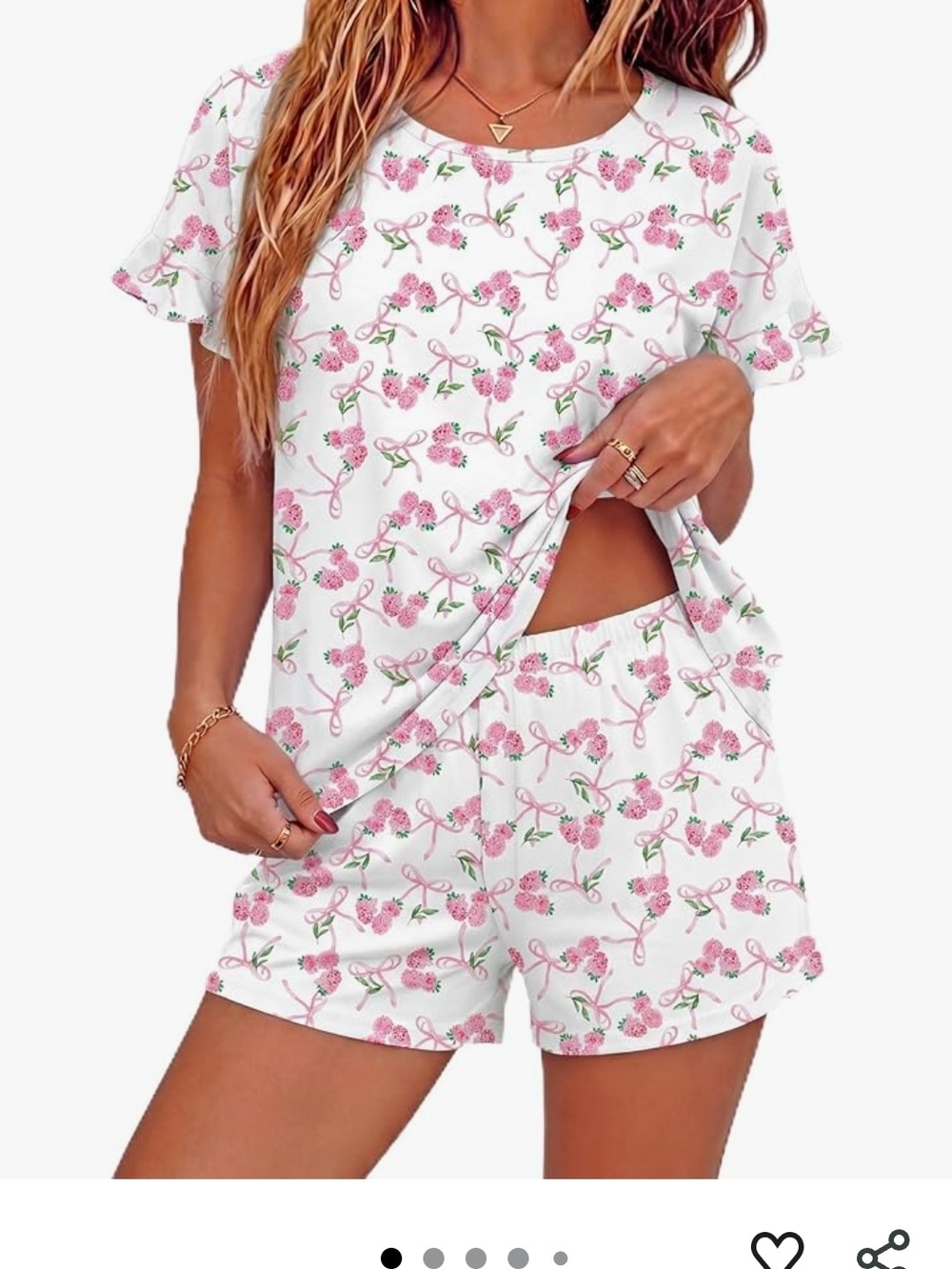 White & Pink Floral Short Pajama Set - Casual Women's Sleepwear, Sz L